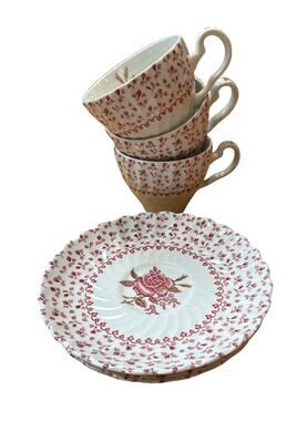 Vintage Johnson Bros Rose Bouquet Ironstone 3 Cups 3 Saucers England Red Floral